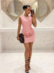 Slaydiva Đầm mini dáng chữ A không tay cổ chữ V, eo nhún, lưng hở, đính chuỗi ngọc trai, chất liệu satin co giãn, màu nâu, thích hợp cho tiệc sinh nhật, Lễ tình nhân, Halloween, Giáng sinh, đám cưới. - Màu Hồng baby - Xem 5