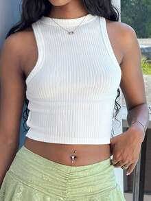 Mima John Women Plain Rib Knit Camisole Tank Top, Suitable For Everyday Wear - White - View 6