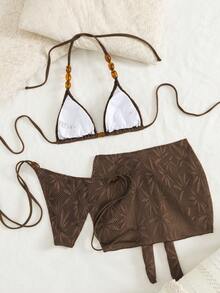 Swim Vcay Bộ bikini 3 món gợi cảm đính hạt, kiểu cổ yếm hở lưng, áo tam giác có dây rút và chân váy ngắn buộc dây, thích hợp cho kỳ nghỉ hè. - Cà phê nâu - Xem 3