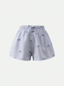 Casuvi Kids 2件套少女休闲条纹宽松短裤，适合春夏海滩、度假、居家穿着 - 藍白色 - 查看 10