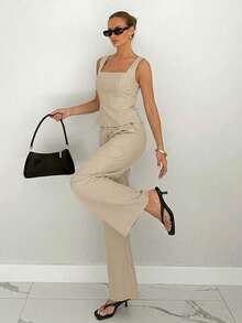 Siren Gaze 2pcs Women Elegant Bow Backless Top And Casual Straight Leg Pants Set,Beige,Summer,Tea Party,Daily Wear,Business Casual,Teacher Attire,Office Wear - Apricot - View 9