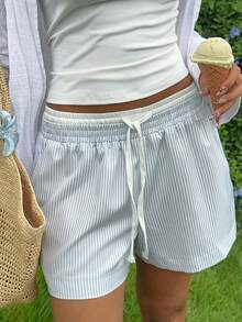 Resyla American Blue & White Vertical Striped Shorts, Women Summer Casual Versatile Wide Leg Pants - Multicolor - View 4