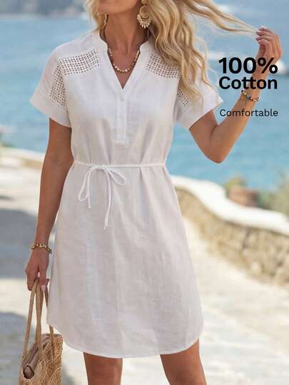 EMERY ROSE Đầm ngắn cổ chữ V màu trơn, kiểu dáng thường ngày, thích hợp cho kỳ nghỉ của nữ.