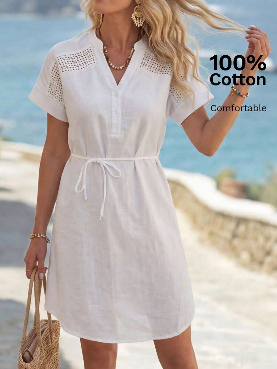 EMERY ROSE 女士度假休闲纯色V领短裙 - 白色 - 查看 1