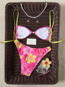 SHEIN Swim Mod 女士休闲度假沙滩派对粉色碎花印花吊带三角杯比基尼两件式泳衣 - 彩色 - 查看 2