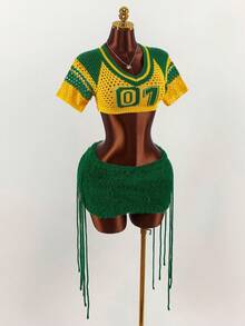 Amplova Women's Numeric Hollow-Out Short Sleeve Cropped Knit Top And Knit Mini Skirt 2 Pieces Set - Multicolor - View 1