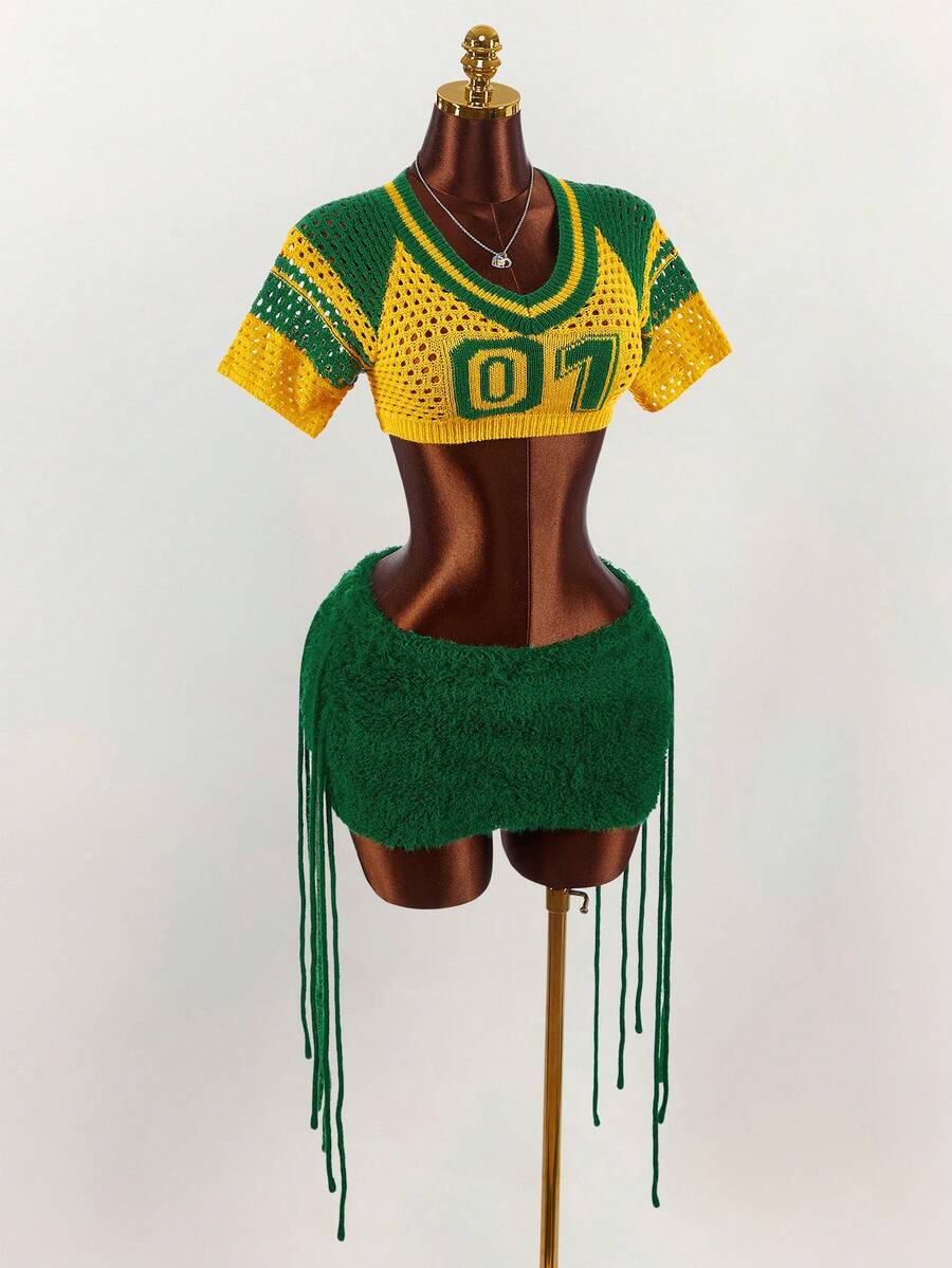 Amplova Women's Numeric Hollow-Out Short Sleeve Cropped Knit Top And Knit Mini Skirt 2 Pieces Set - Multicolor - View 1