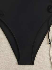 Bonvoyette 1 pieza Traje de baño de verano para mujer con diseño de cordón, cuello en V profundo y tirantes anchos, color negro - Negro - Ver 7