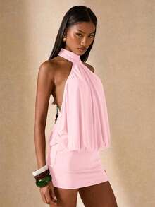 SHEIN BAE Women's Elegant Elegant Beaded Halter Backless Dress, Minimalist Design For Summer Cocktail Light Pink - Coral Pink - View 4