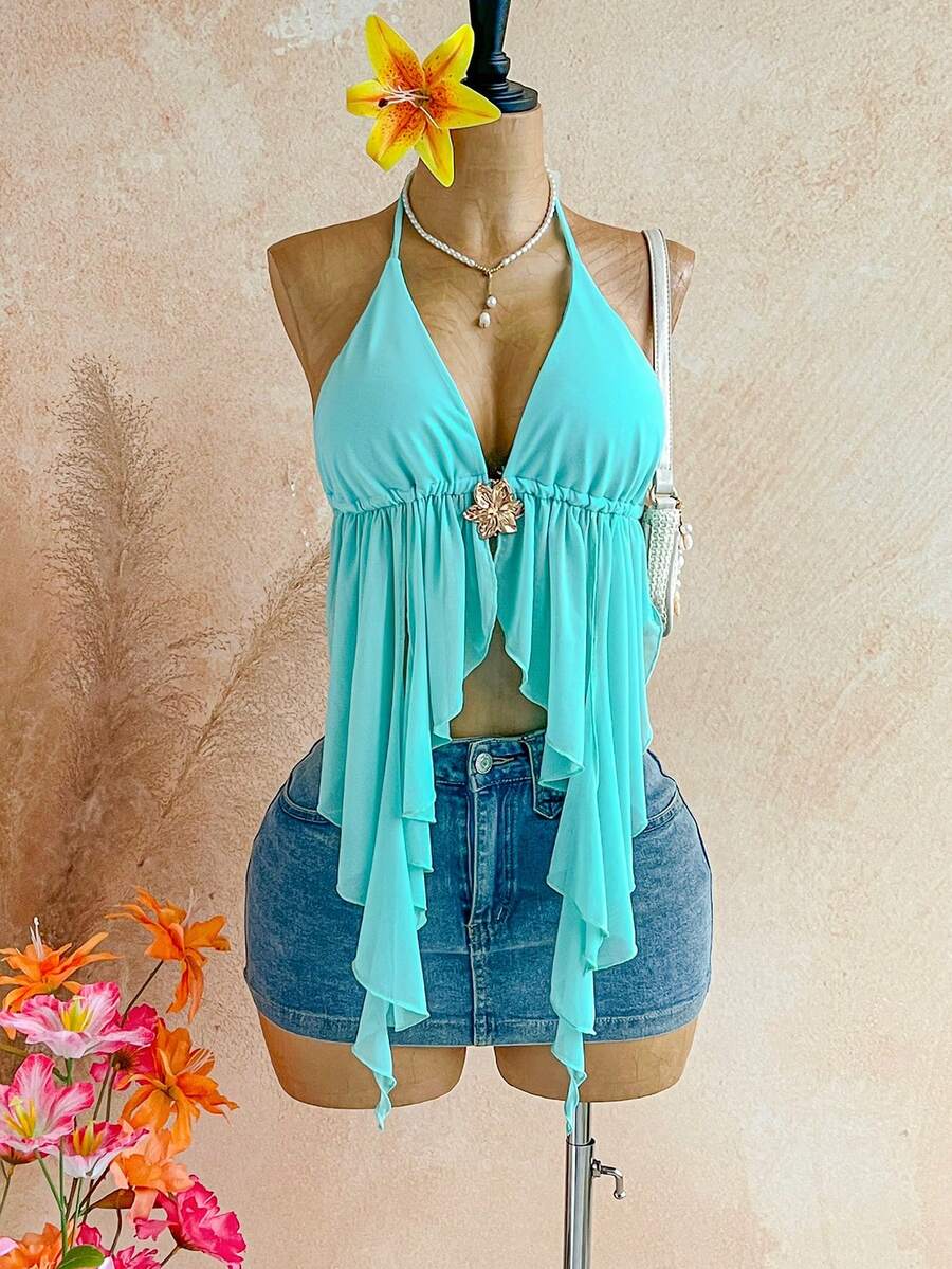 Soleia Women's Vacation Asymmetric Hem Halter Neck Camisole In Light Blue - Baby Blue - View 1