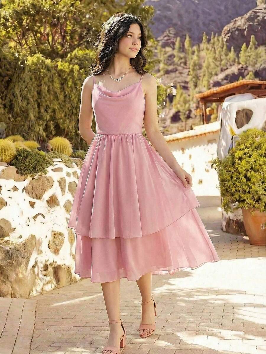 Elegant Chiffon Sleeveless Ruched Waist Layered Cake Skirt Dress,Summer Wedding Party Ninang Bridesmaids,Prom,Birthday Party,Graduation Season Pink - Dusty Pink - View 1