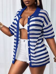 BamGleam Áo khoác cardigan dệt kim dáng casual kẻ sọc rỗng mới dành cho nữ - Xanh và trắng - Xem 1