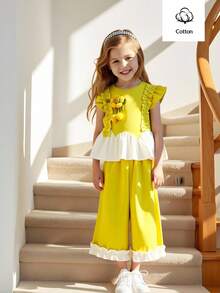 Elladie kids 2026 女童短袖不对称花卉荷叶边背心裤套装，可爱活力休闲日常装 - 綠色 - 查看 2