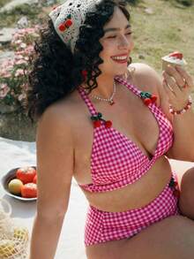 Swim Mod Plus Size Women's Multi-Color Cherry Decor Drawstring Swimwear With Cute Bow, 2-Piece Set Gym Summer - Pink - View 4
