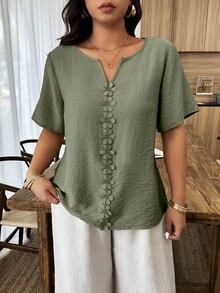 Weeklong Blusa holgada de manga corta con estampado floral, parches y volantes para mujer talla grande, ideal para vacaciones de primavera/verano - Verde militar - Ver 6