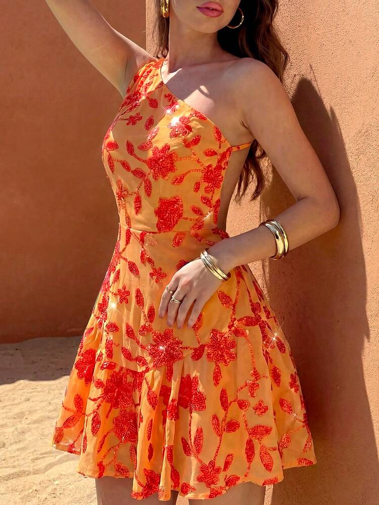 Glamine Women's Sexy One-Shoulder Orange Sequin Mini Dress