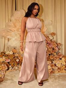 Slaydiva Women's Plus Size Elegant Dusty Pink Summer 2 Pieces Outfit,Backless Tie Strap Top & Wide Leg Pants Set For Holiday,Tea Party,Vacation & Casual Wear - Khaki - View 15