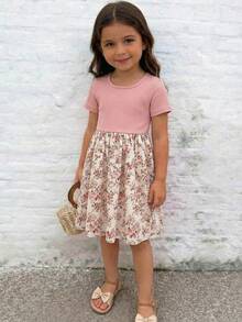 Emery Rose Kids Emery Rose Kids 女童拼布碎花圆领短袖休闲连衣裙 - 粉色 - 查看 3