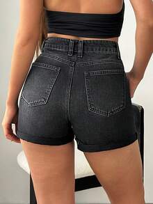 SHEIN High Waist 90's Style Casual Streetwear Black Denim Short Folded Hem Detailed Beach City Break Going Out Summer - Black - View 2