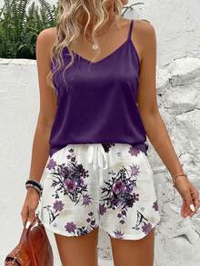 EMERY ROSE 大码女式纯色吊带背心和印花短裤两件套 - 彩色 - 查看 1