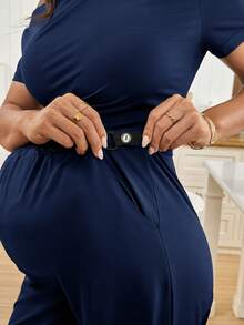 SHEIN 2pcs Maternity Casual Solid Color Asymmetric Top And Pants Set, Summer - Navy Blue - View 5