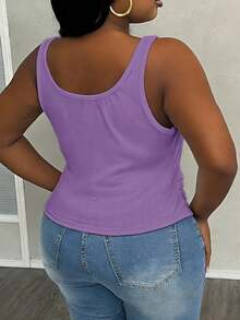 Slaydiva Women Plus Size Basic Deep V-Neck Sleeveless Slim Fit Ribbed Ruched Side Camisole Tank Top, White Semi-Sheer - Mauve Purple - View 6
