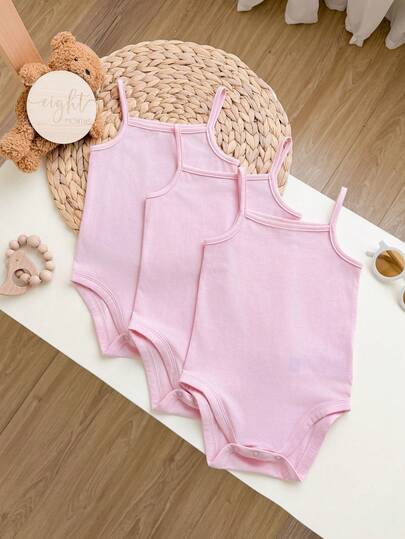 SHEIN 3pcs/Set Casual Solid Color Knit Spaghetti Strap Romper For Baby Girl