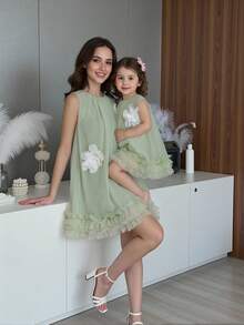 SHEIN Glamorique Kids 小女孩绿色无袖碎花连衣裙，甜美可爱，优雅迷人 - 綠色 - 查看 9