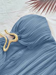 Soleia 女士度假风无肩带针织纹理上衣，酒红色波浪纹图案，饰有镂空心形金属扣，修身短款上衣，适合派对、约会、下午茶、海滩、音乐节、嘉年华、叠穿等场合。 - 藍色 - 查看 6