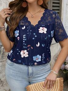 SHEIN LUNE Plus Size Summer Casual Lace Patchwork Floral Print T-Shirt - Navy Blue - View 4