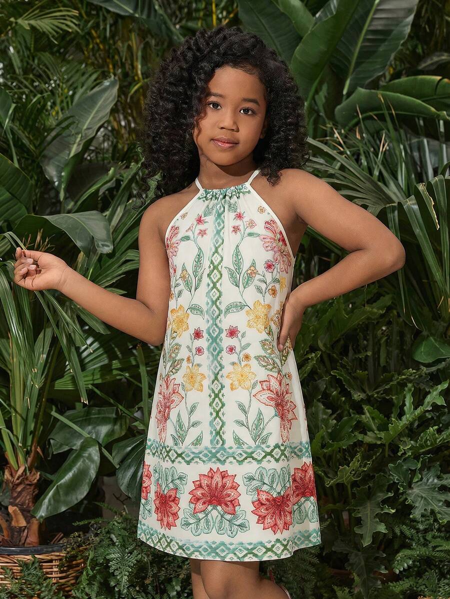 SHEIN 少女度假休闲雪纺碎花吊带连衣裙 - 彩色 - 查看 1