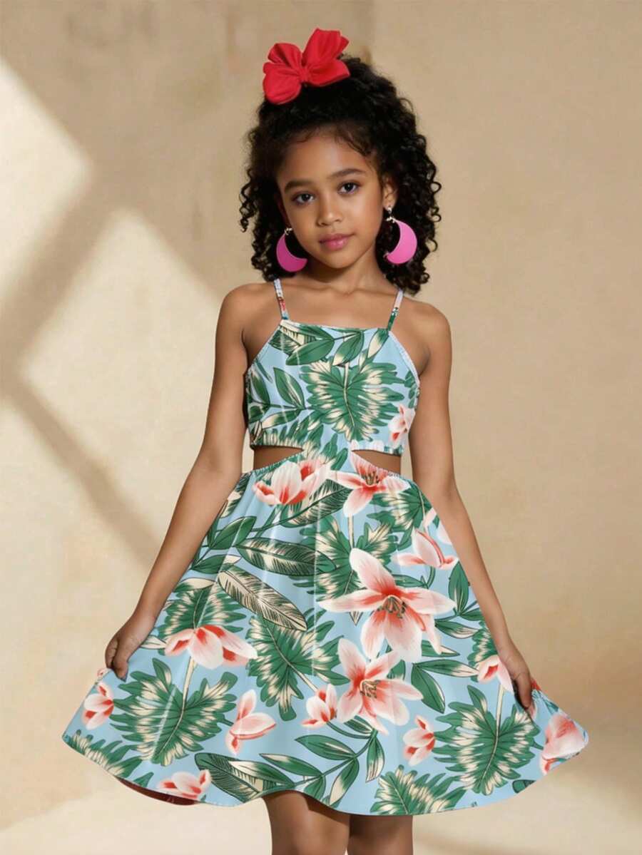 Tween Girl Tropical Plant Print Sleeveless Dress - Multicolor - View 1