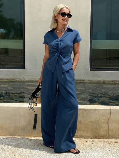 Livesso Bộ đồ nữ thường ngày gồm áo sơ mi denim xoắn và quần jeans ống rộng, thích hợp cho kỳ nghỉ hè và đi làm, mùa thu.