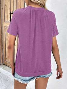 EMERY ROSE Women's Solid Color Minimalist Pleated V-Neck Short Sleeve T-Shirt, Versatile For Daily Wear - Purple - View 2