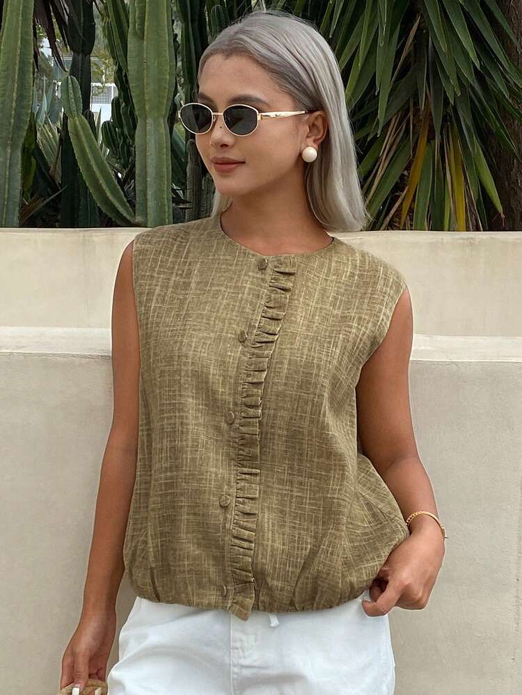 Women's Solid Color Loose Round Neck Sleeveless Pleated Ruffle Hem Casual Vacation Summer Thin Vest Jacket