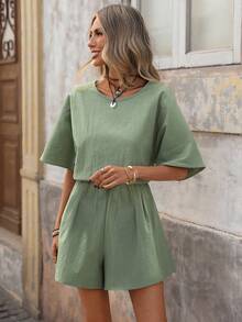 Brillora Bộ jumpsuit nữ kiểu dáng thường ngày, cổ tròn, thắt eo, dáng chữ A, chất liệu vải có họa tiết, thích hợp cho các chuyến đi chơi và kỳ nghỉ hè. - màu xanh lá - Xem 3