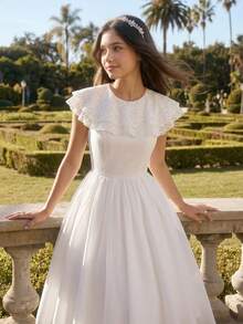 Đầm dài trắng cho bé gái, chất liệu sợi polyester, nhẹ, không tay, thích hợp cho mùa xuân, hè, thu, đám cưới, tiệc sinh nhật. - trắng - Xem 1