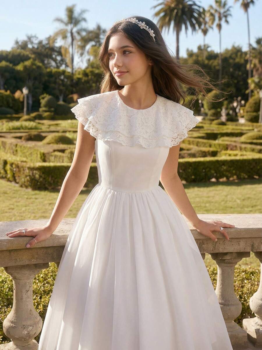 Đầm dài trắng cho bé gái, chất liệu sợi polyester, nhẹ, không tay, thích hợp cho mùa xuân, hè, thu, đám cưới, tiệc sinh nhật. - trắng - Xem 1