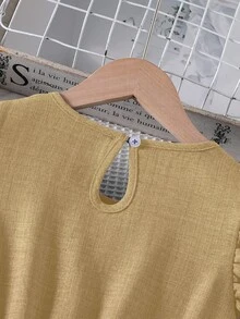 SHEIN فستان أزرق مناسب للارتداء اليومي والحفلات، مصنوع من تريكو القطن المنسوج بأكمام متدلية وحافة مقطعة بالليزر، تصميم أنيق مناسب للفتيات في الربيع والصيف - كاكي - مشاهدة 7