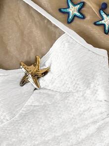SHEIN 少女露背金属海星装饰蓝色纹理针织连体泳衣 - 白色 - 查看 4