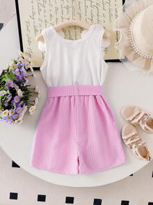 SHEIN Elladie kids 女童（小号）碎花吊带连体裤，蓝白相间，甜美舒适，配大碎花腰带，夏季休闲女童装 - 粉色 - 查看 2