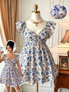 Elenzga Robe maxi grande taille pour femmes beige à imprimé floral discret, manches volantées, nouée devant, col en dentelle ajourée, style bohème, élégante pour vacances d'été, vacances et invitée de mariage - Bleu azur - Voir 6