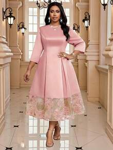 Fleurora Plus Size Women Dusty Pink Jacquard Round Neck 3/4 Sleeve Elegant Midi Dress For Autumn,Formal Wedding Guest Party,Luxury Evening Special Occasions - Pink - View 7