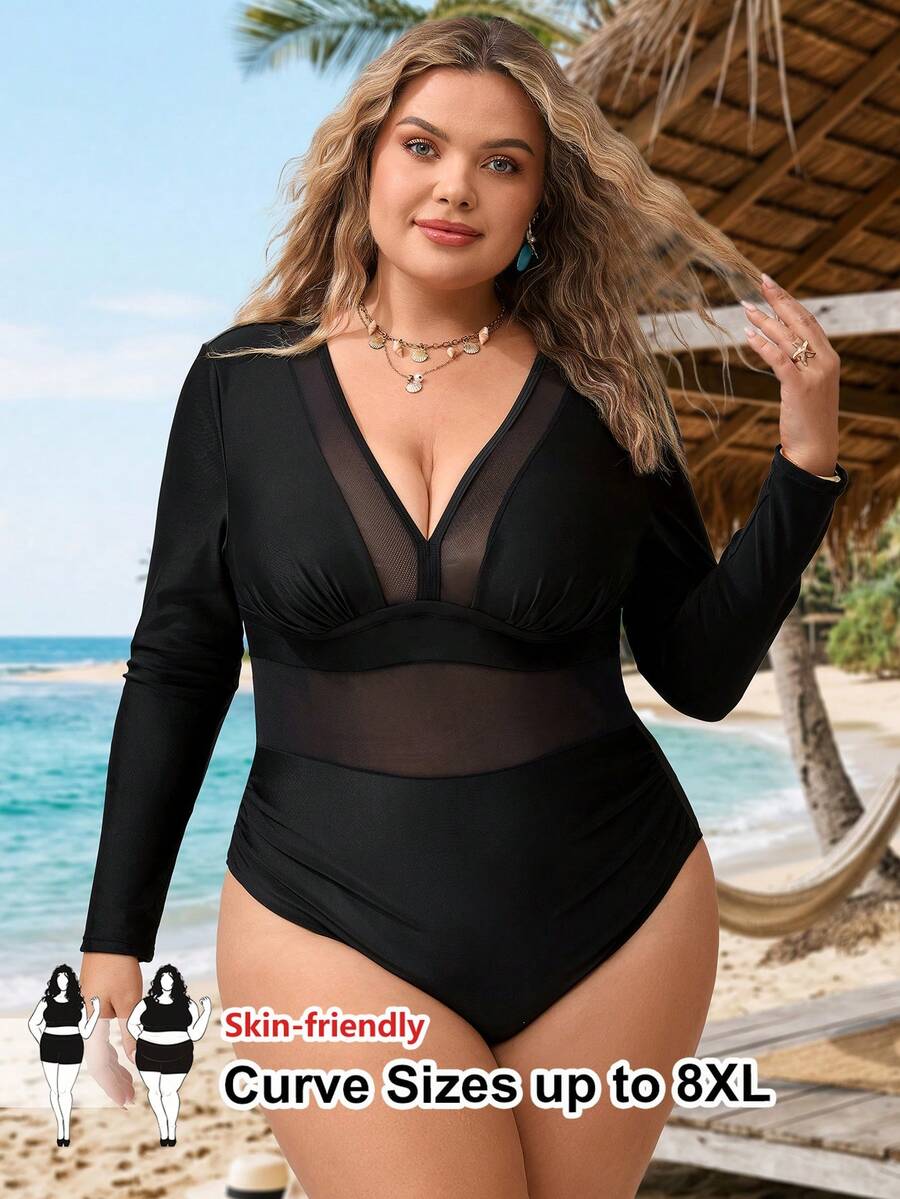 SHEIN CURVE+ 大码女士连体泳衣,夏季假日网纱拼接泳装 - 黑色 - 查看 1