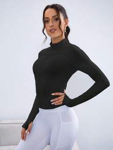 Easithlete Solid Stand Collar Thumb Hole Sports Jacket - Black - View 5