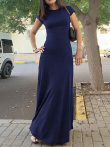 INAWLY Solva Gaun Pesta Panjang Wanita Warna Polos, Leher Bulat, Elegan, dan Pinggang Terikat - Navy Blue - View 2