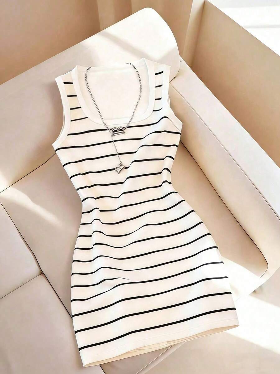 Resyla Đầm nữ kẻ sọc cổ vuông không tay kiểu dáng thường ngày - Nhiều màu - Xem 1