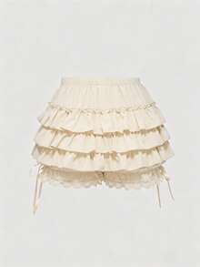 ROMWE Kawaii Quần short nữ xếp tầng nhiều lớp thắt eo - Màu be - Xem 2