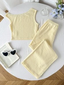 Firerie Kids Firerie Kids Girls' Textured Asymmetrical Shoulder Pale Yellow Lemon Soft Tank Top And Wide Leg Long Pants Set, Comfortable Versatile Casual Sports Outfit For Spring And Summer, Tween Girl - Multicolor - View 8