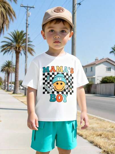 SHEIN Set de 2 piezas de camiseta y pantalones cortos con estampado de cara de niño pequeño, adecuado para uso casual, vacaciones, deportes, verano